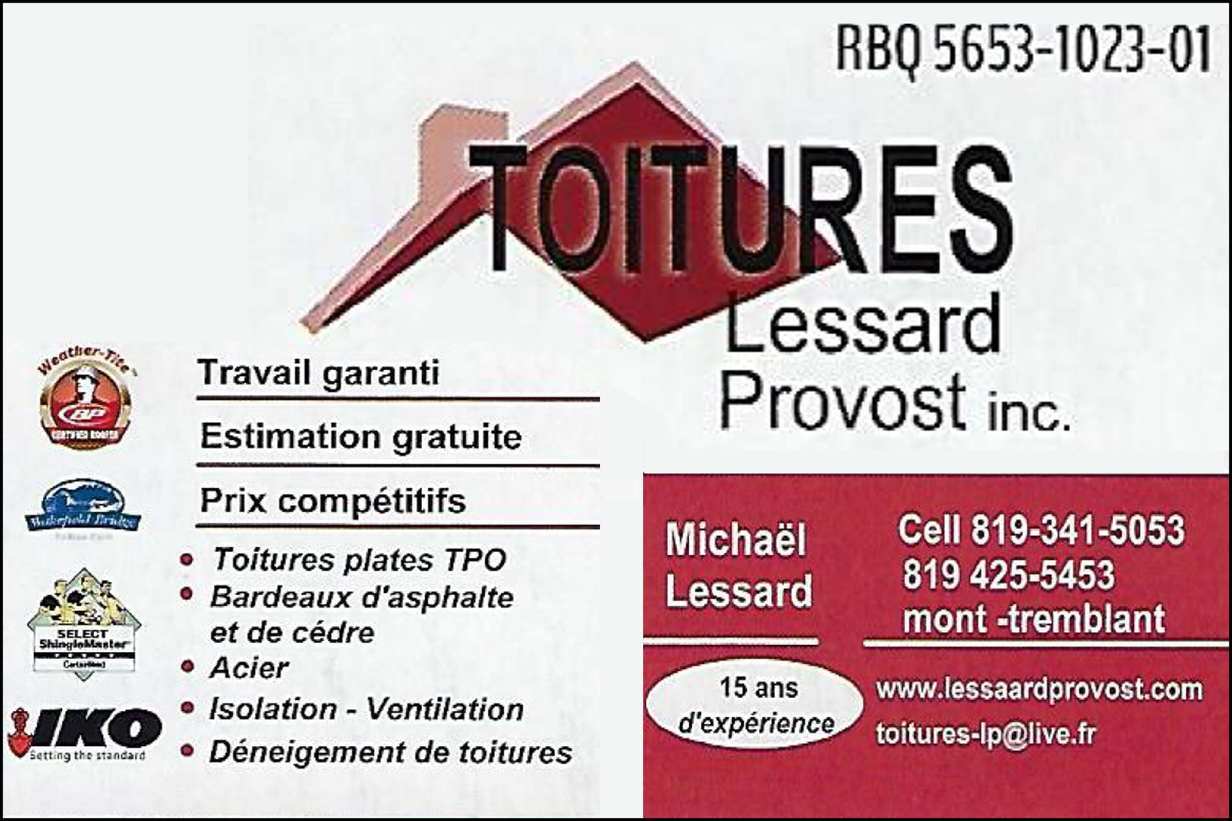 Carte de visite recto de TOITURES LESSARD PROVOST INC