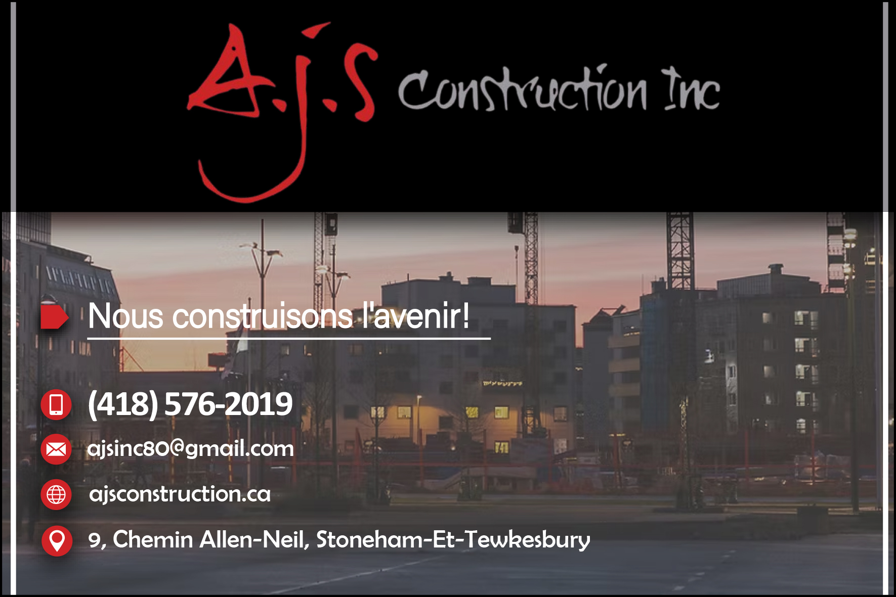 Carte de visite verso de AJS CONSTRUCTION INC