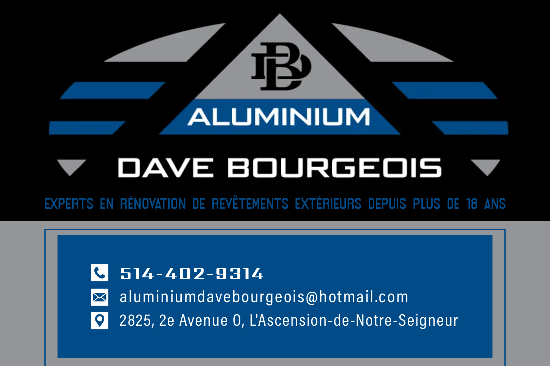 Carte de visite recto de ALUMINIUM DAVE BOURGEOIS INC