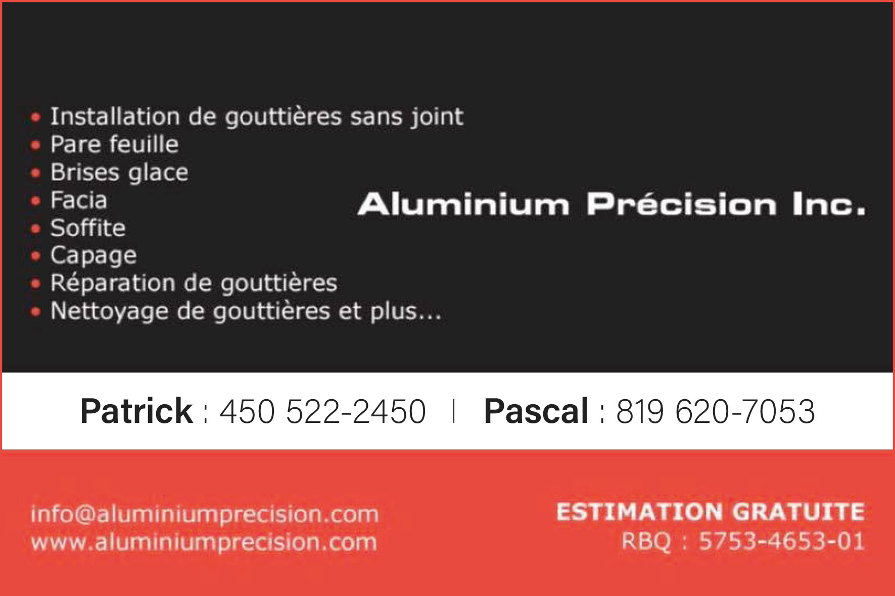 Carte de visite recto de ALUMINIUM PRÉCISION INC