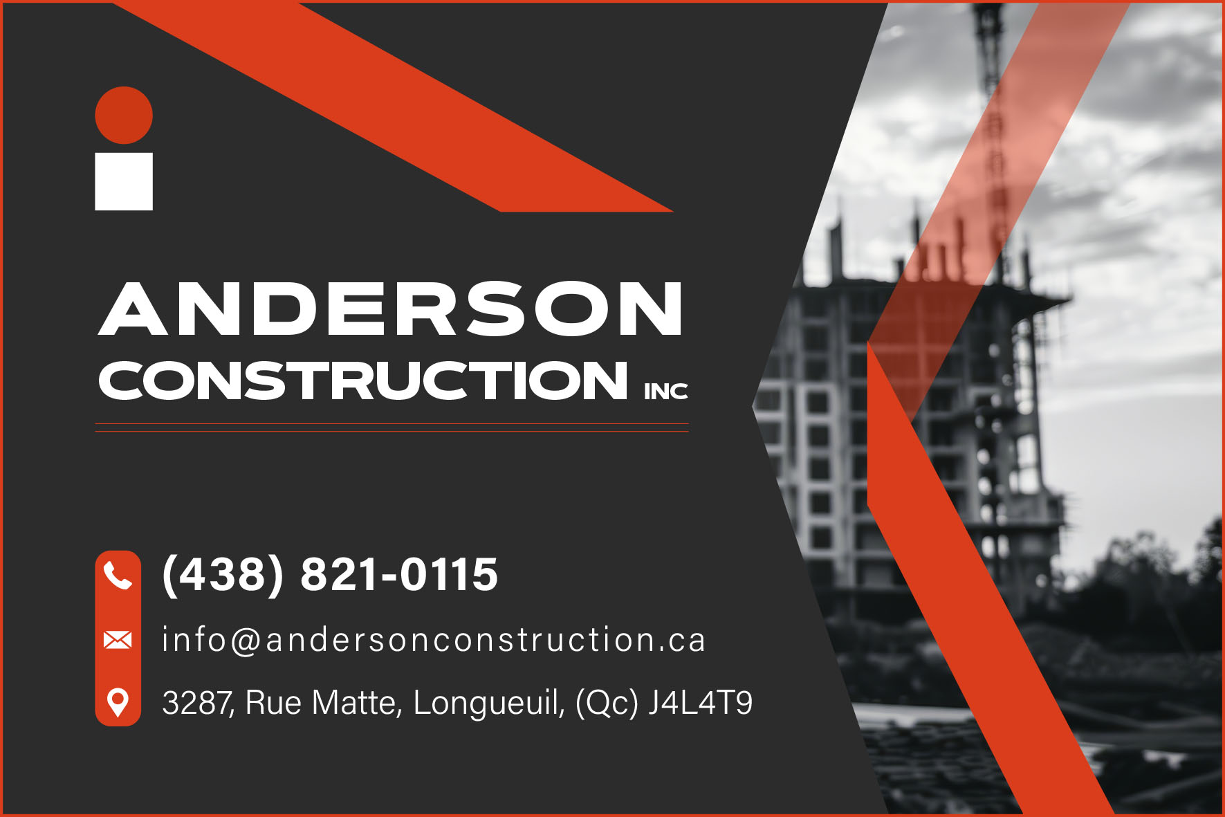 Carte de visite recto de ANDERSON CONSTRUCTION INC