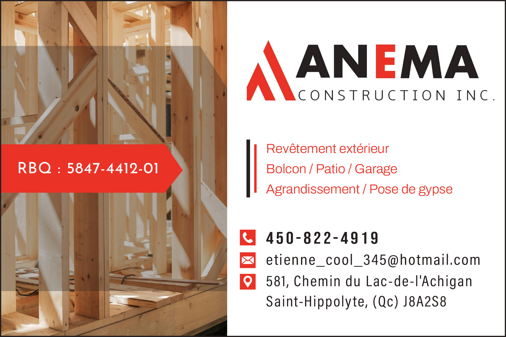 Carte de visite recto de ANEMA CONSTRUCTION INC