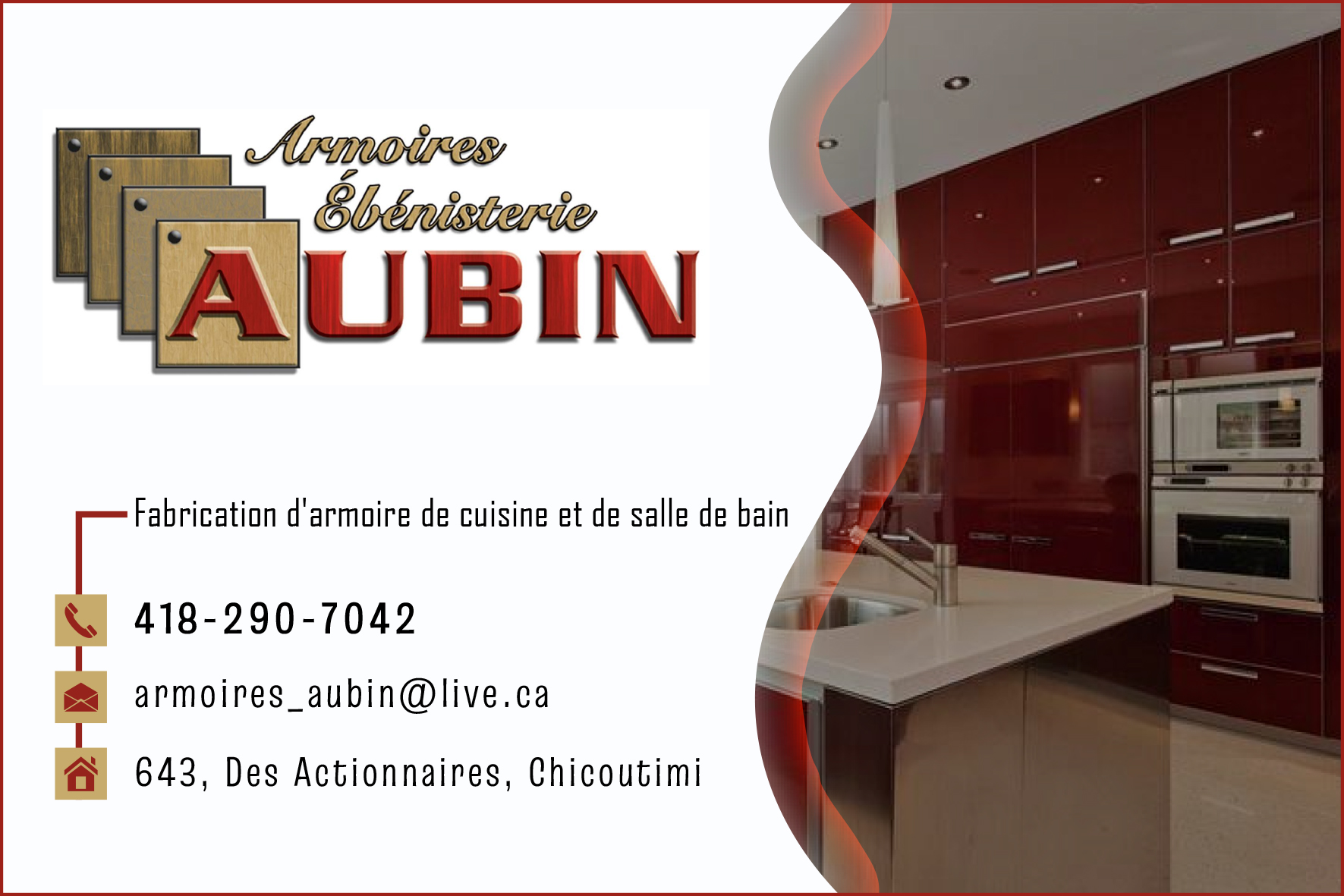 Carte de visite recto de ARMOIRES ET ÉBÉNISTERIE AUBIN INC
