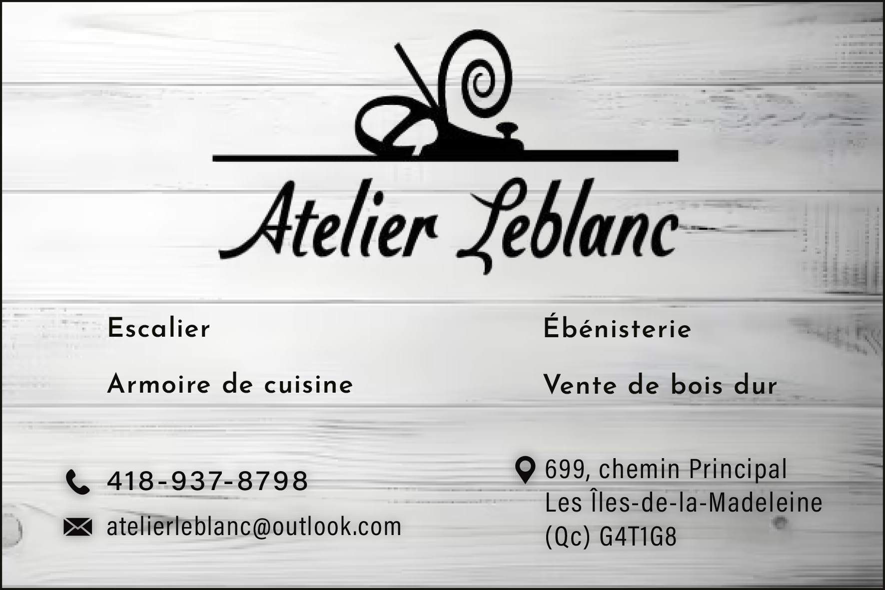 Carte de visite recto de ATELIER LEBLANC 9374-6931 QUÉBEC INC