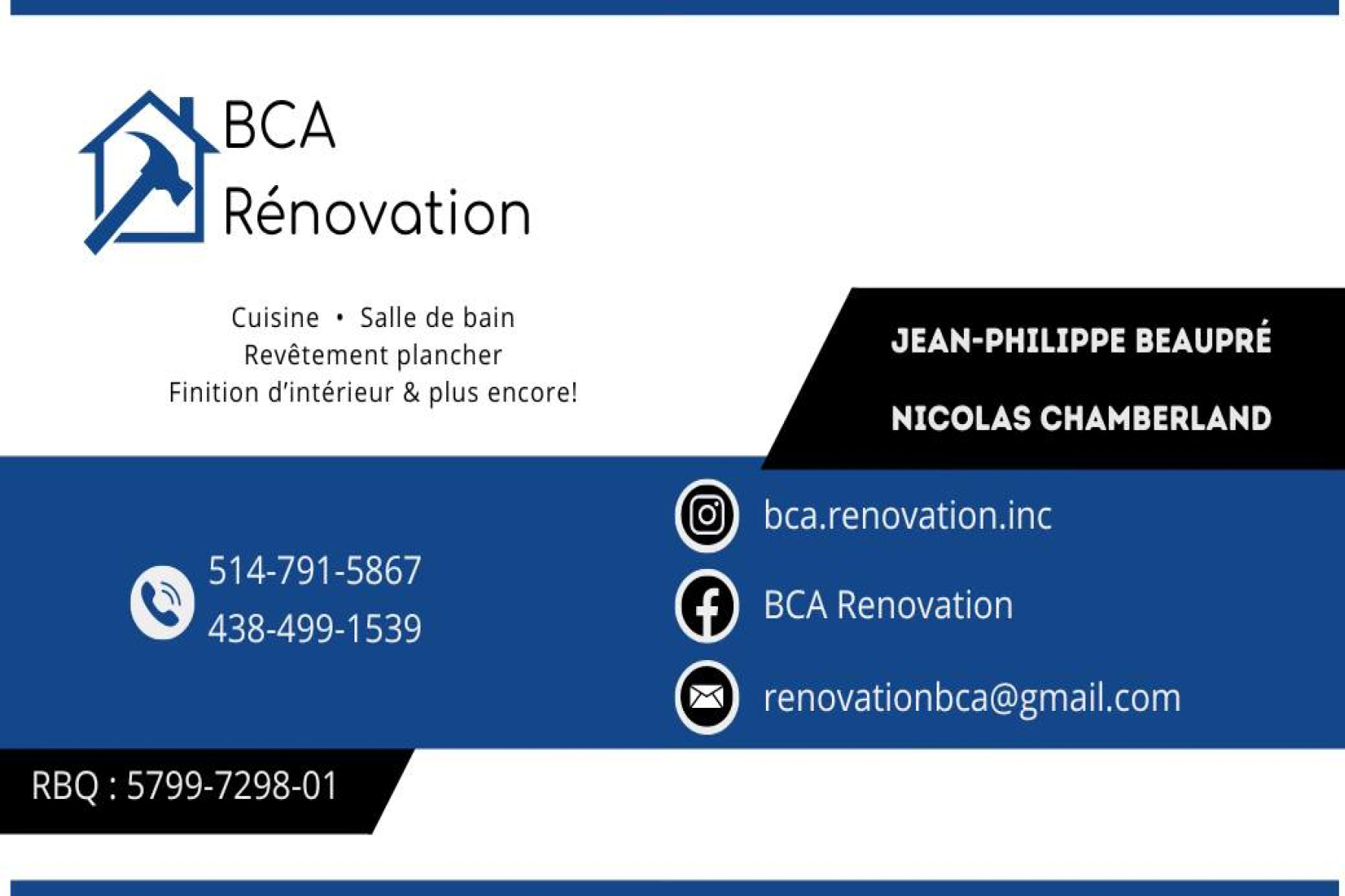 Carte de visite recto de BCA RÉNOVATION INC