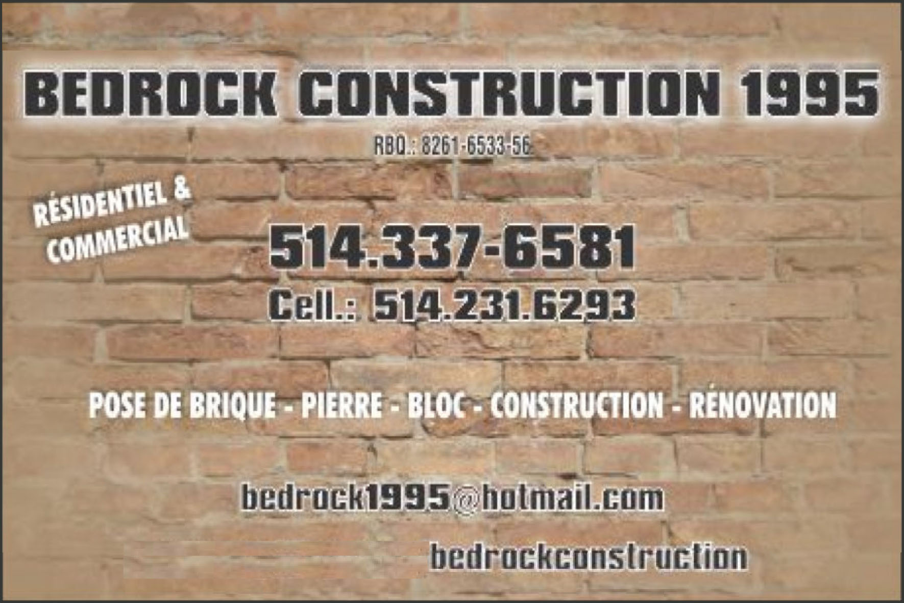 Carte de visite recto de BEDROCK CONSTRUCTION 1995