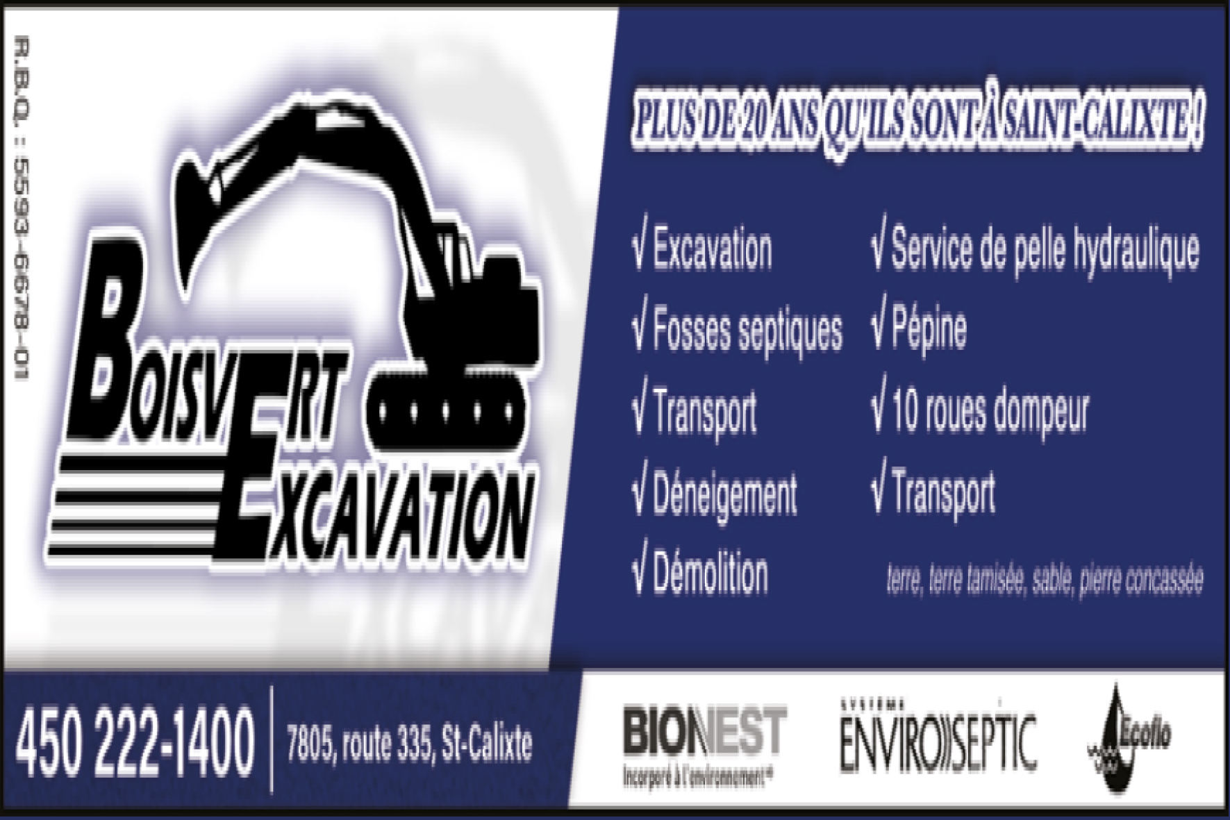 Carte de visite verso de BOISVERT EXCAVATION