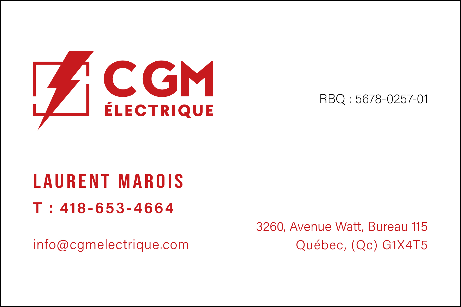 Carte de visite recto de CGM ÉLECTRIQUE INC