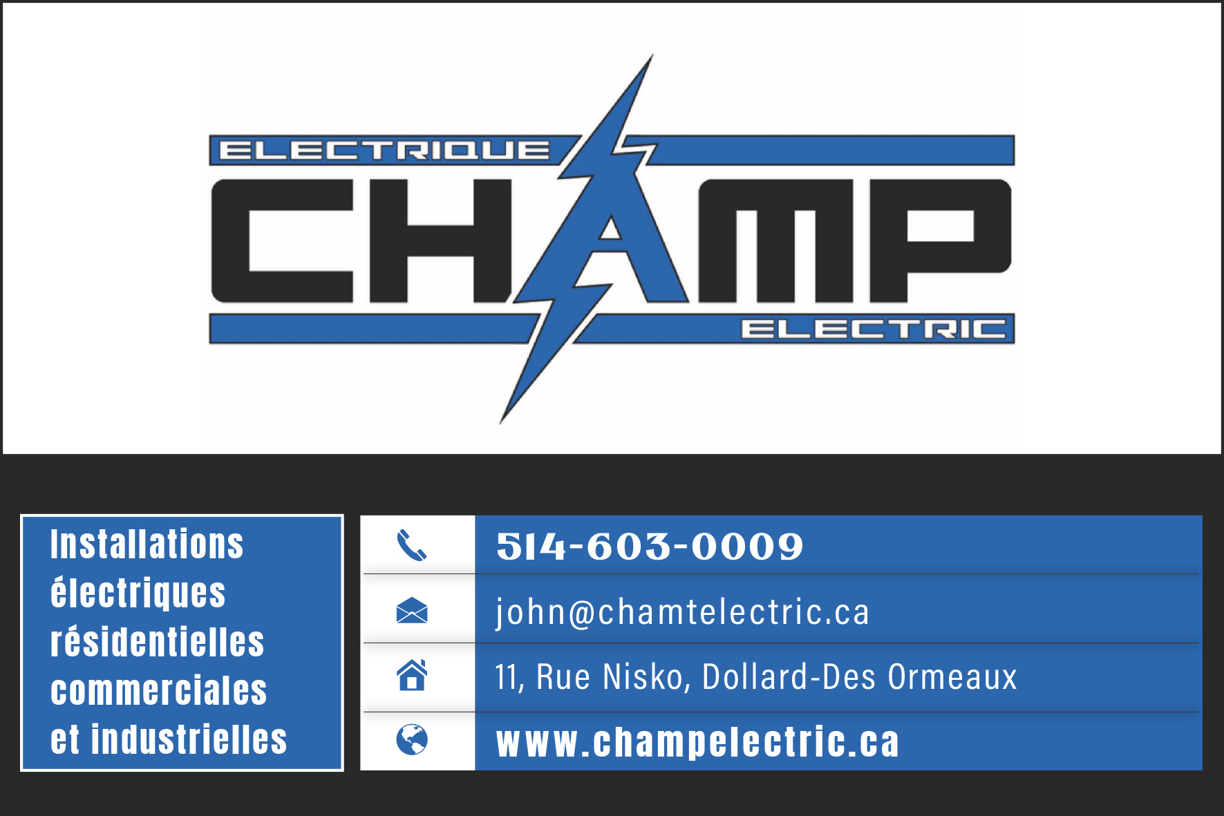 Carte de visite recto de CHAMP ELECTRIC 12429128 CANADA INC