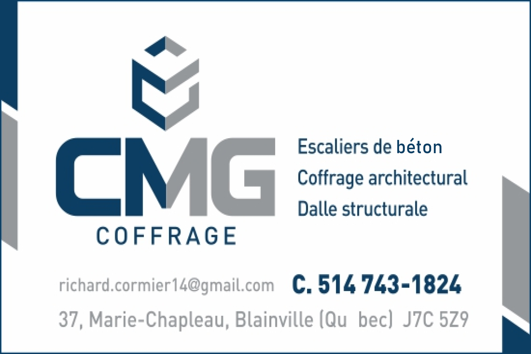 Carte de visite recto de CMG COFFRAGE INC