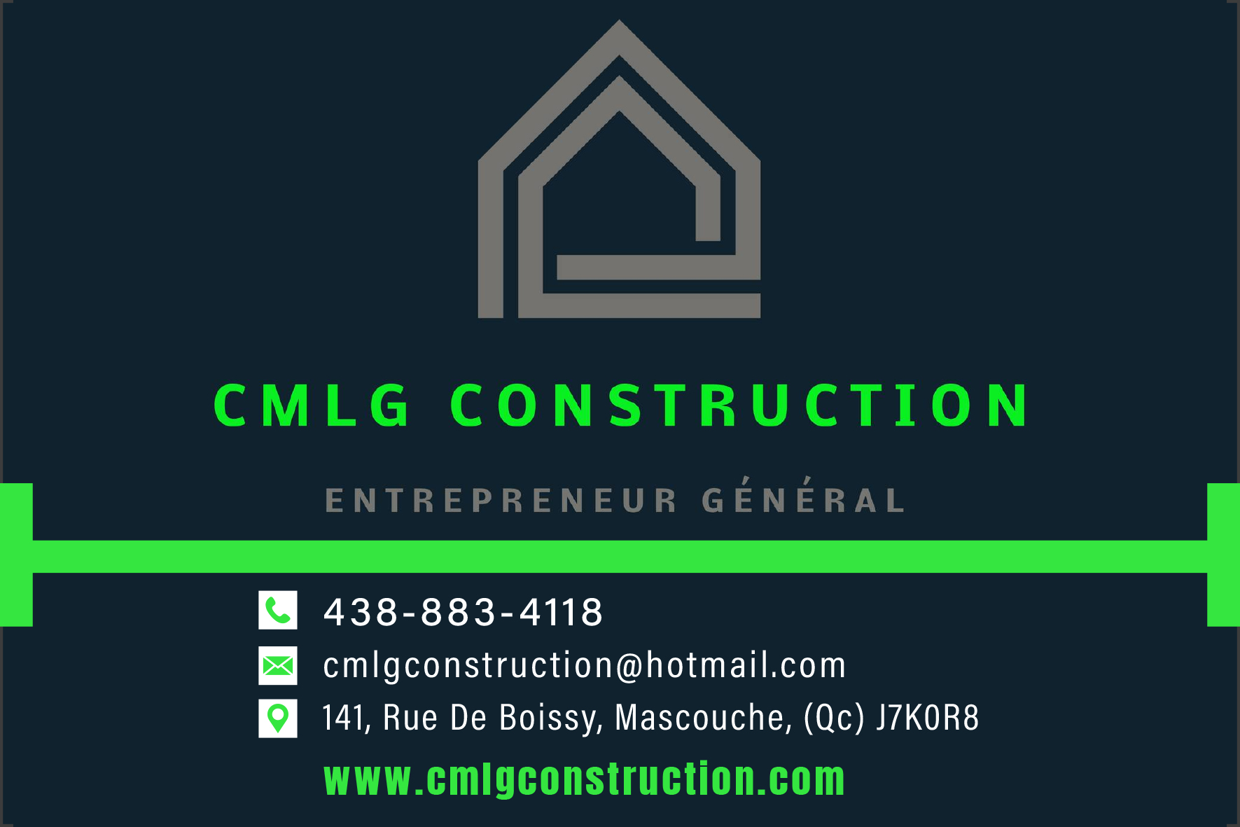 Carte de visite recto de CMLG CONSTRUCTION INC