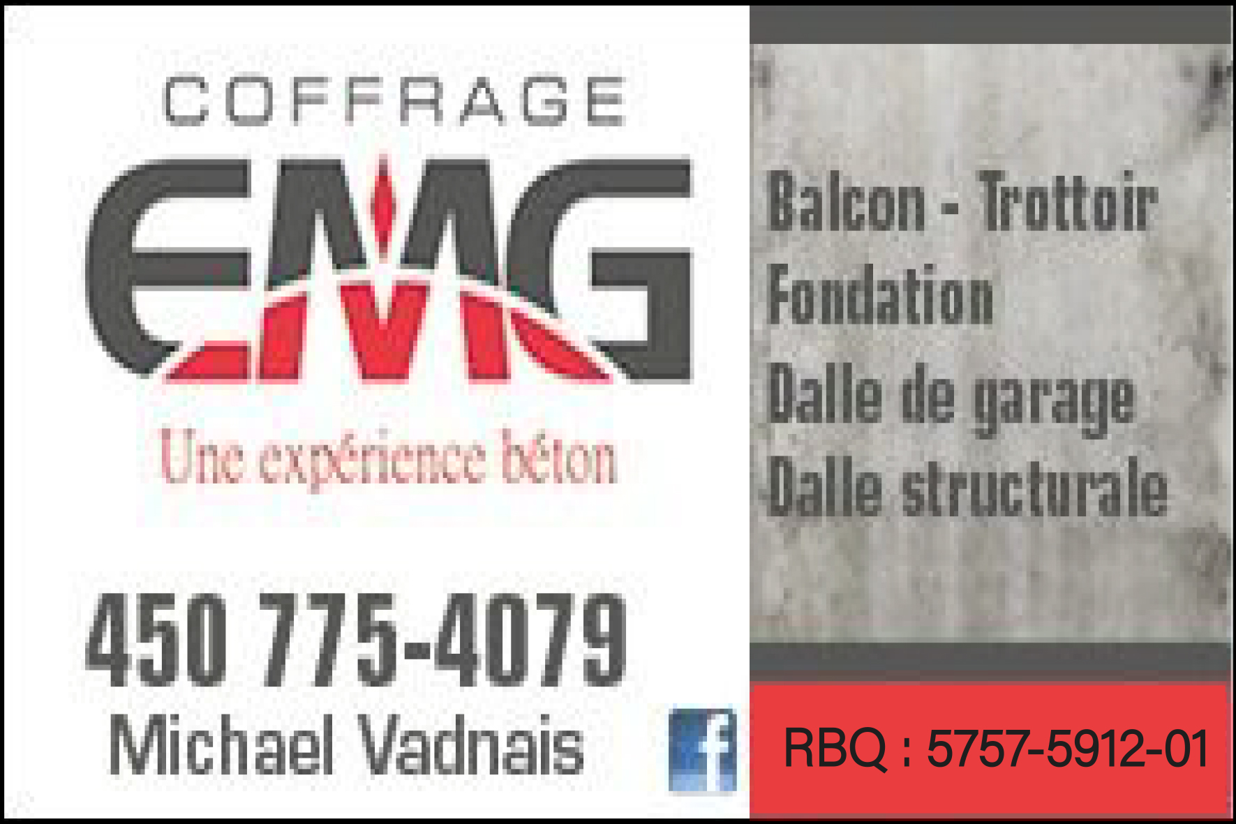 Carte de visite verso de COFFRAGE EMG INC
