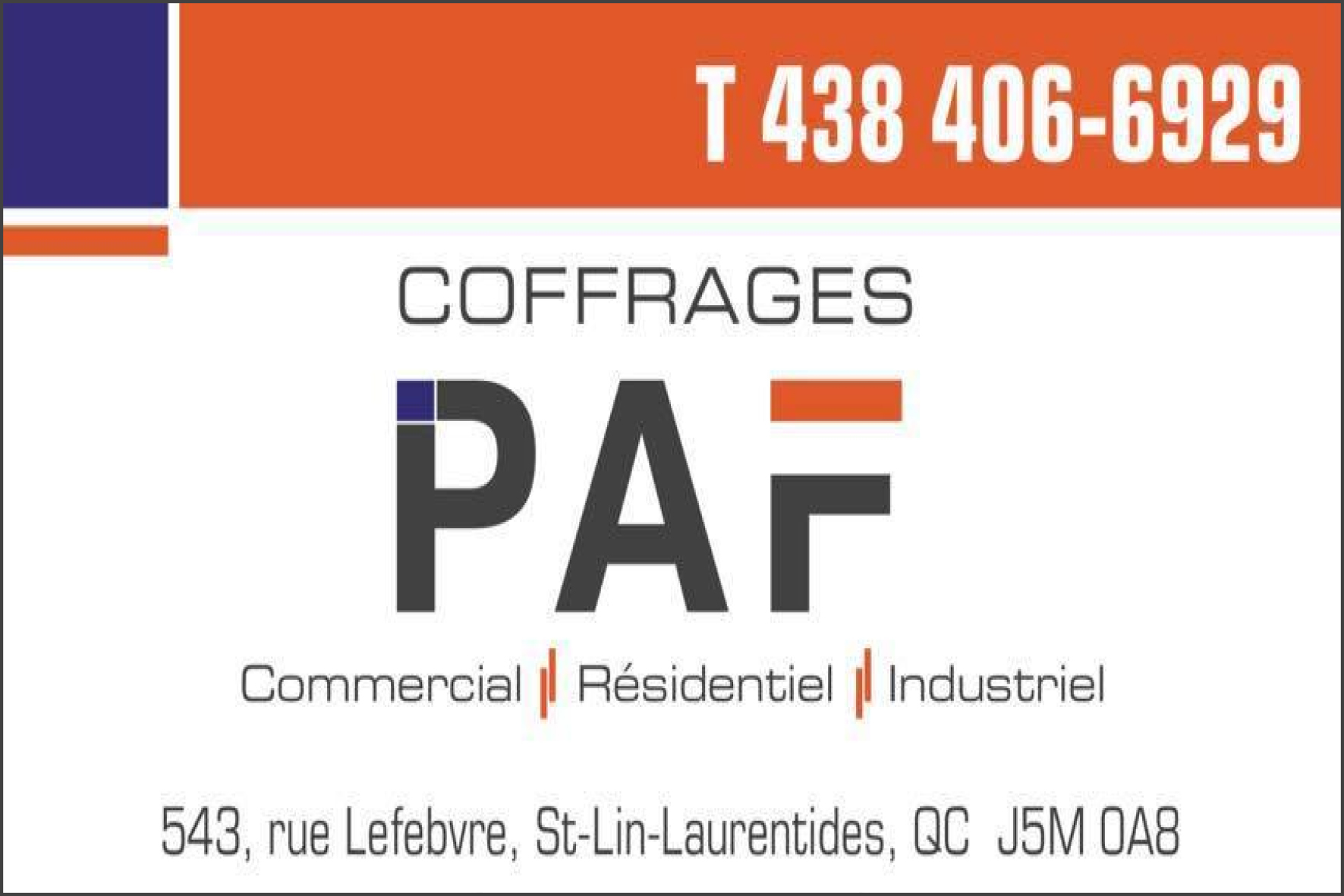 Carte de visite recto de COFFRAGES PAF INC