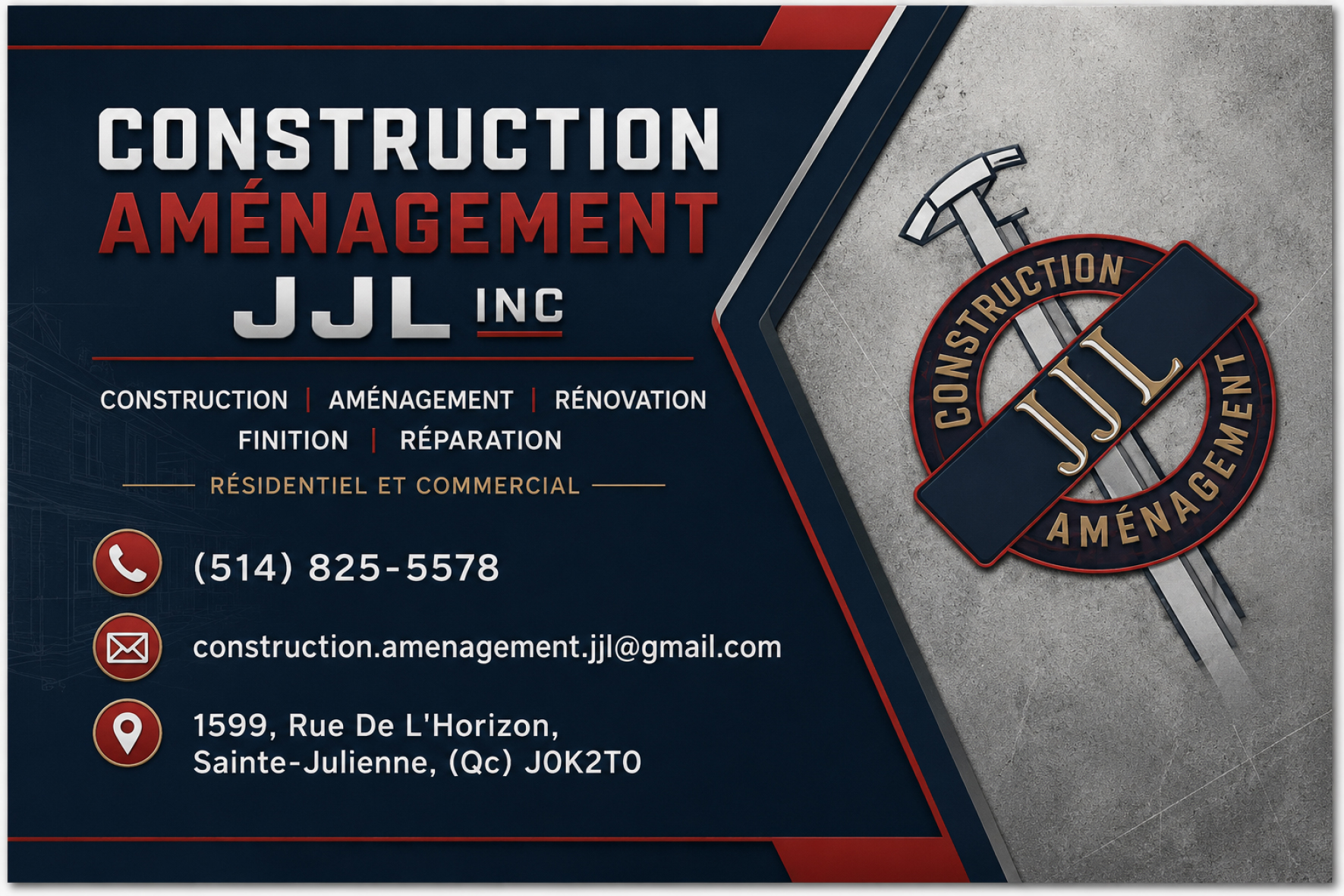 Carte de visite recto de CONSTRUCTION AMÉNAGEMENT JJL INC