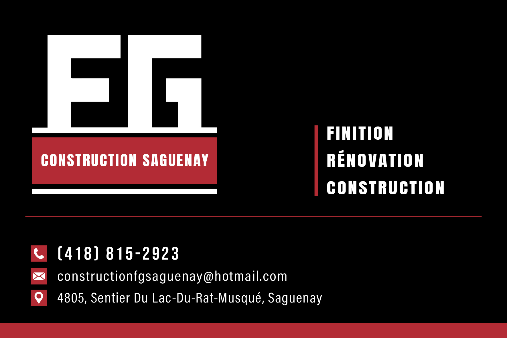 Carte de visite recto de CONSTRUCTION F.G. SAGUENAY INC