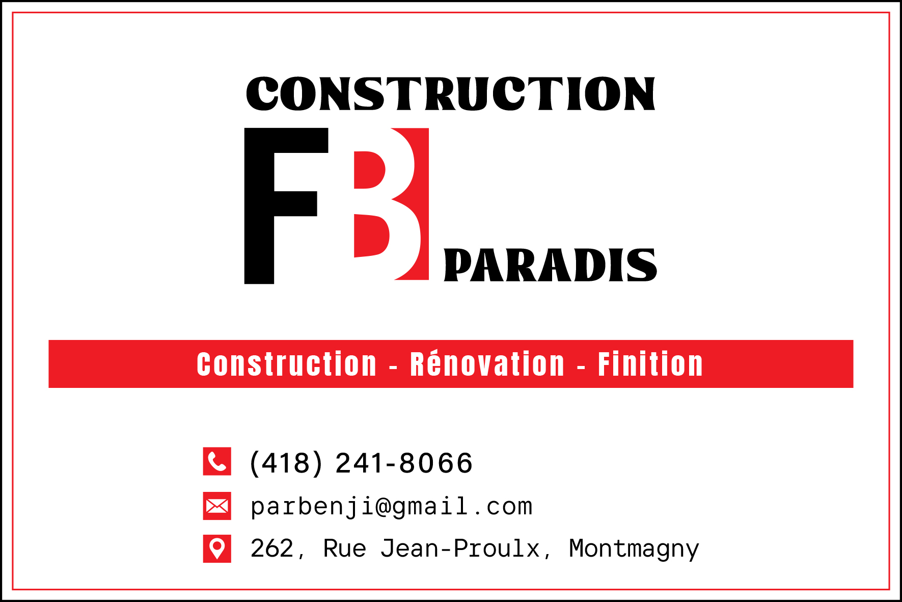 Carte de visite recto de CONSTRUCTION FB PARADIS INC