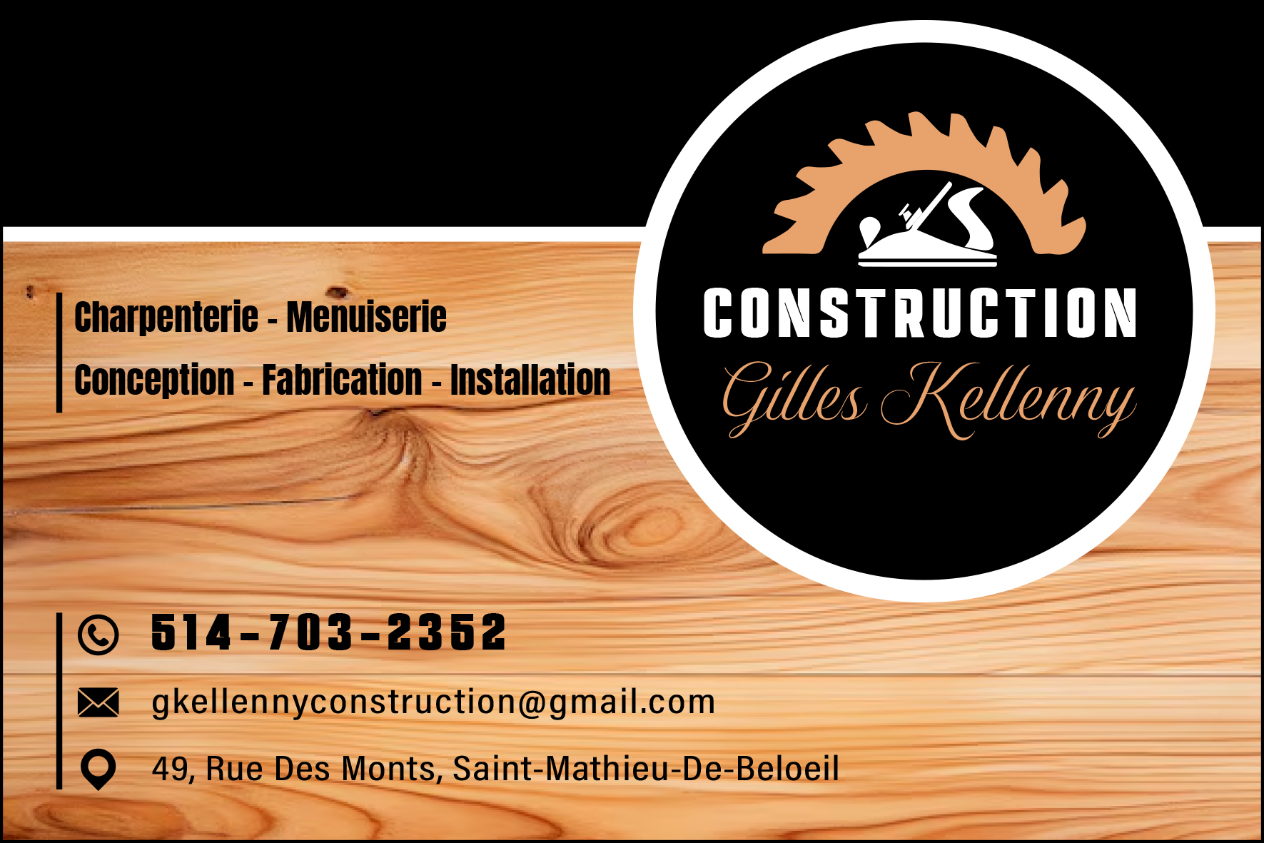 Carte de visite recto de CONSTRUCTION GILLES KELLENNY INC