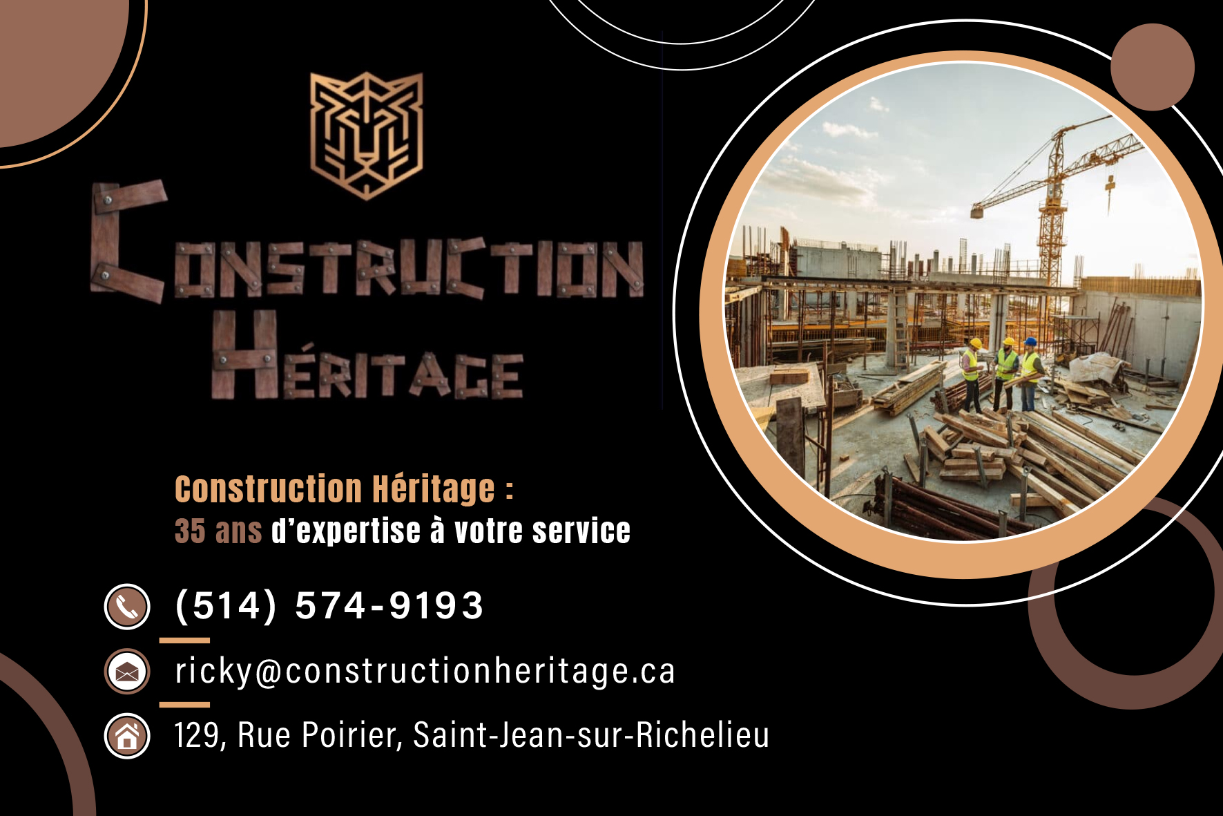 Carte de visite recto de CONSTRUCTION HÉRITAGE 9171-5128 QUÉBEC INC