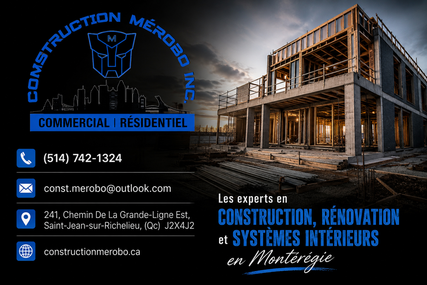 Carte de visite verso de CONSTRUCTION MÉROBO INC