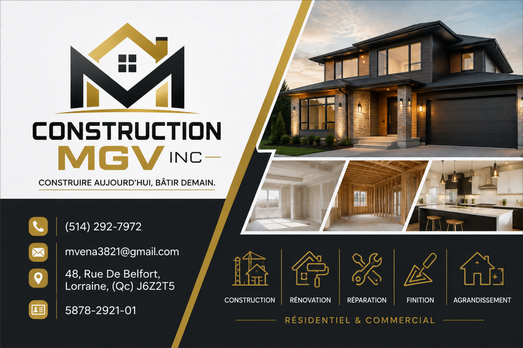 Carte de visite recto de CONSTRUCTION MGV INC