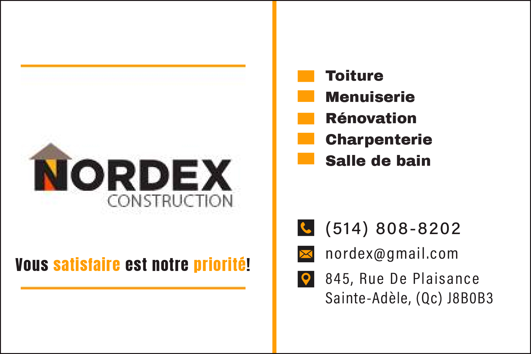 Carte de visite recto de CONSTRUCTION NORDEX INC