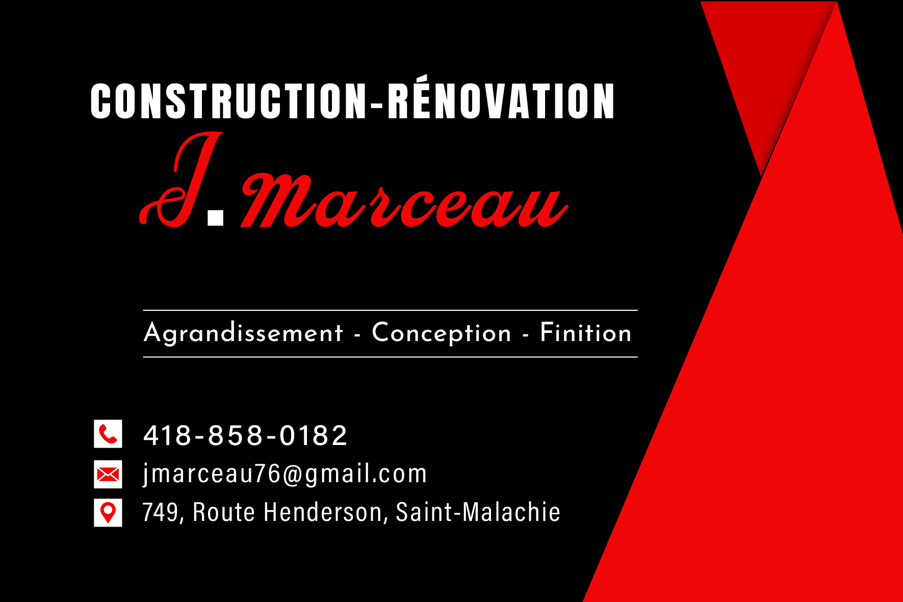 Carte de visite recto de CONSTRUCTION-RÉNOVATION J. MARCEAU INC
