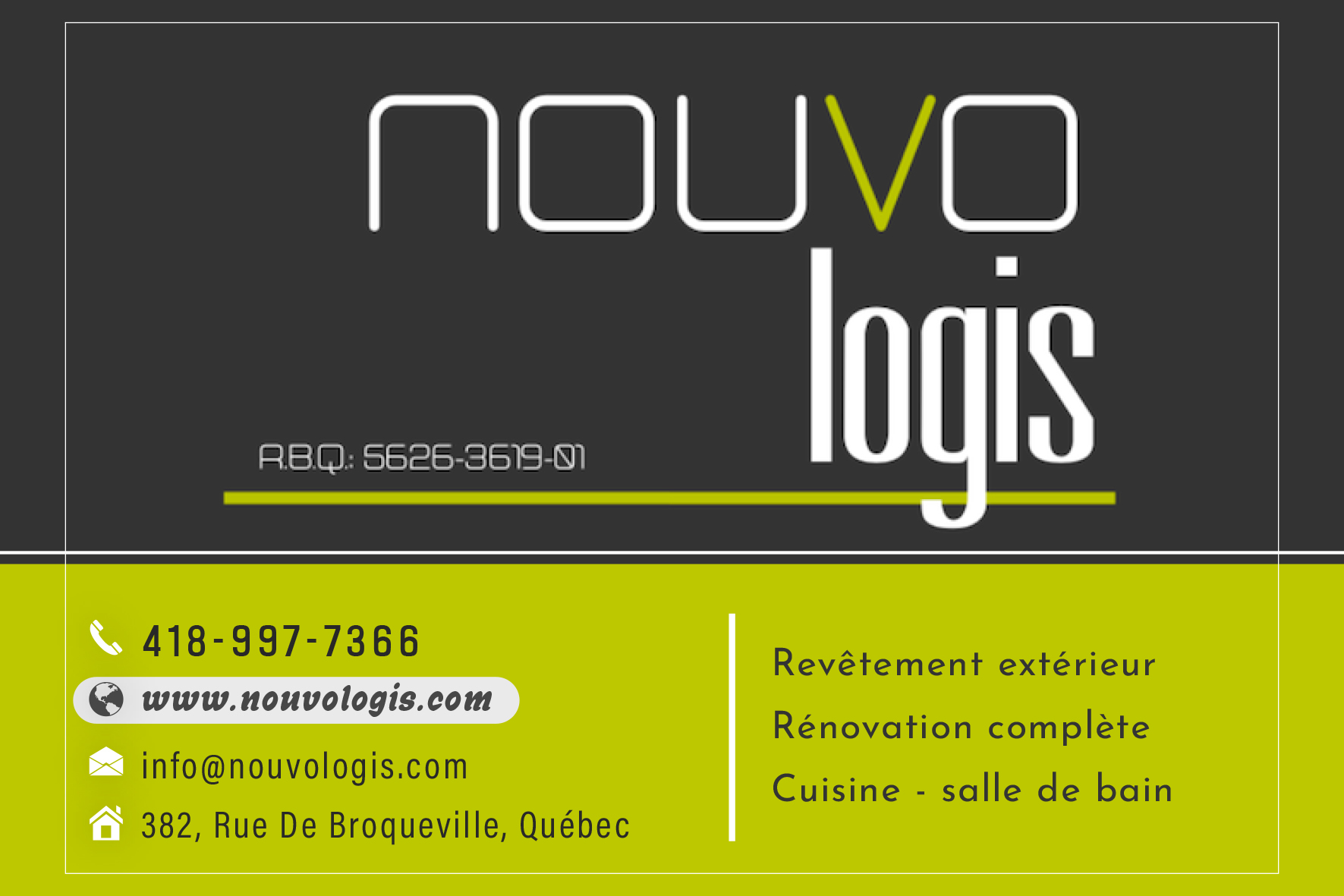 Carte de visite recto de CONSTRUCTION / RÉNOVATION NOUVO LOGIS INC