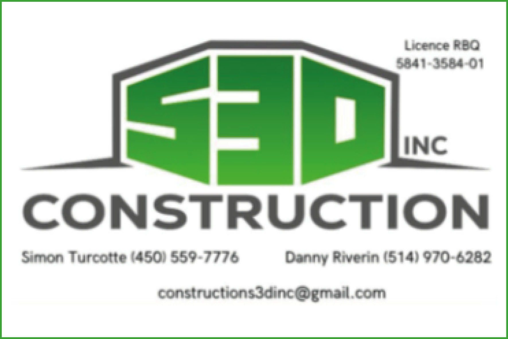 Carte de visite recto de CONSTRUCTION S3D INC