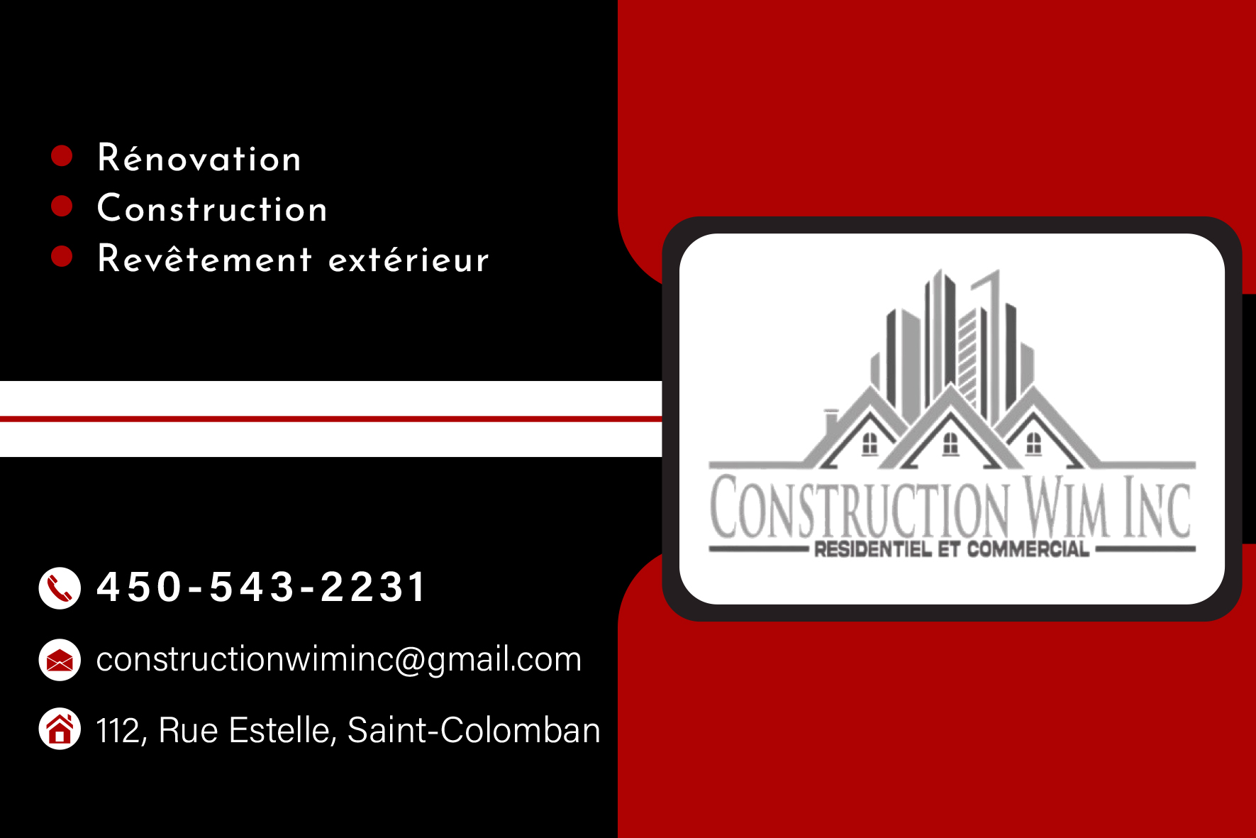 Carte de visite recto de CONSTRUCTION WIM INC