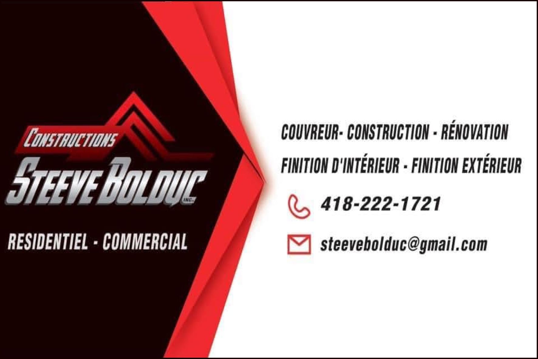 Carte de visite recto de CONSTRUCTIONS STEEVE BOLDUC INC