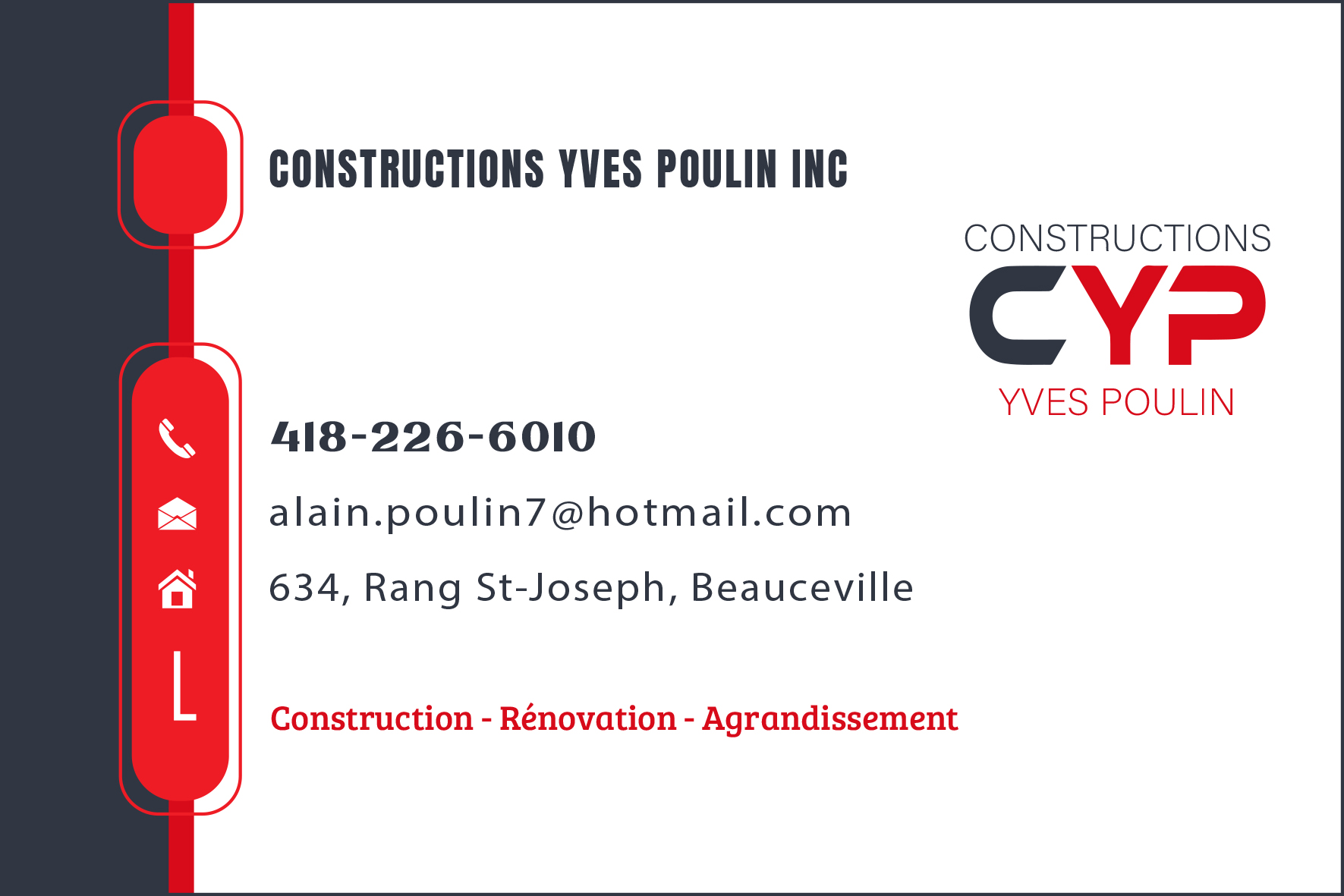 Carte de visite recto de CONSTRUCTIONS YVES POULIN INC
