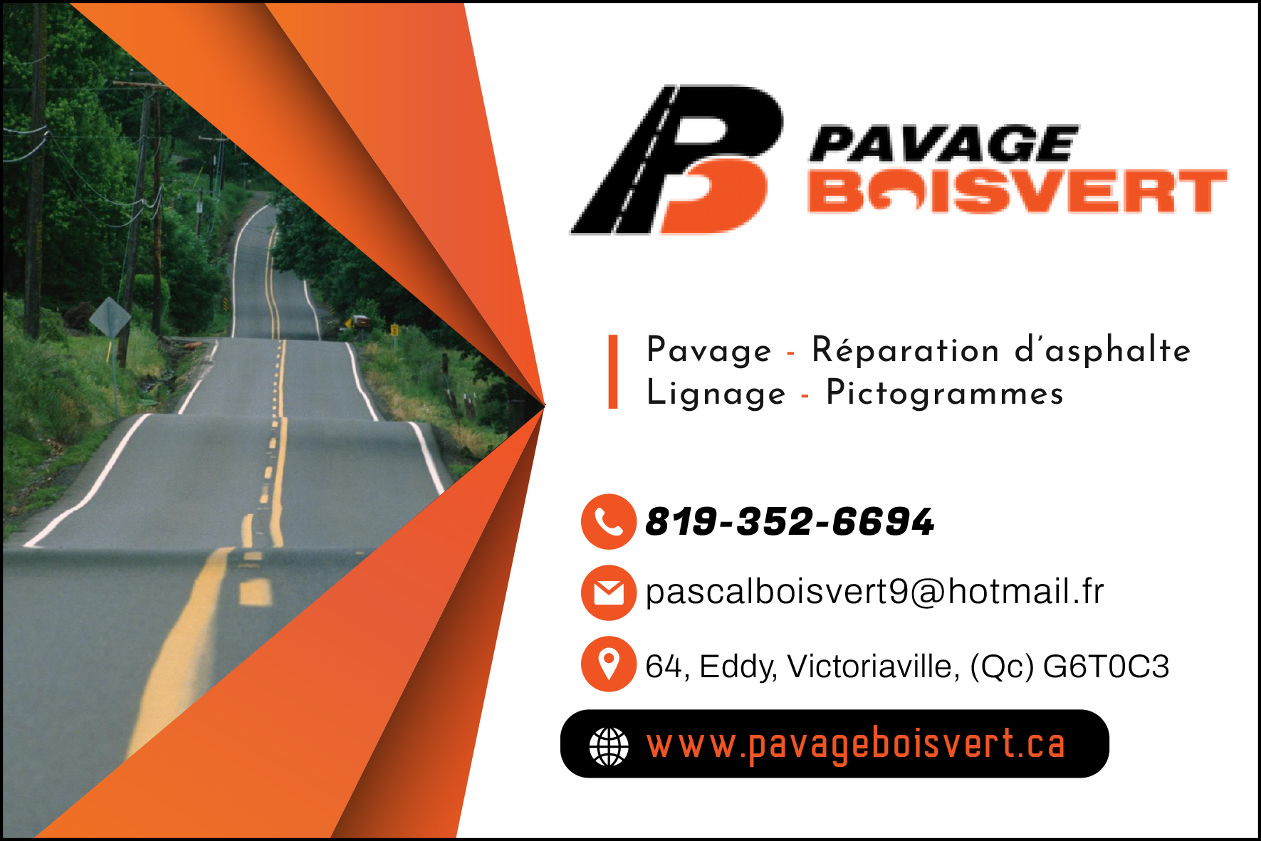 Carte de visite recto de PAVAGE BOISVERT INC