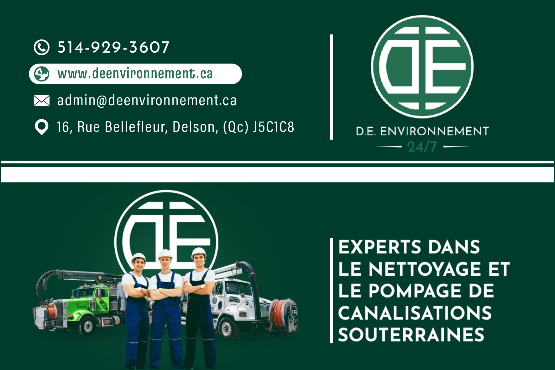 Carte de visite recto de D.E. ENVIRONNEMENT INC