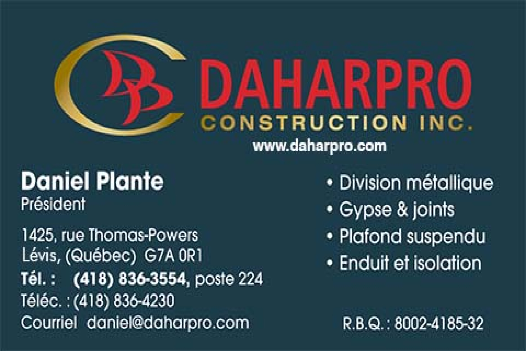 Carte de visite recto de DAHARPRO CONSTRUCTION INC