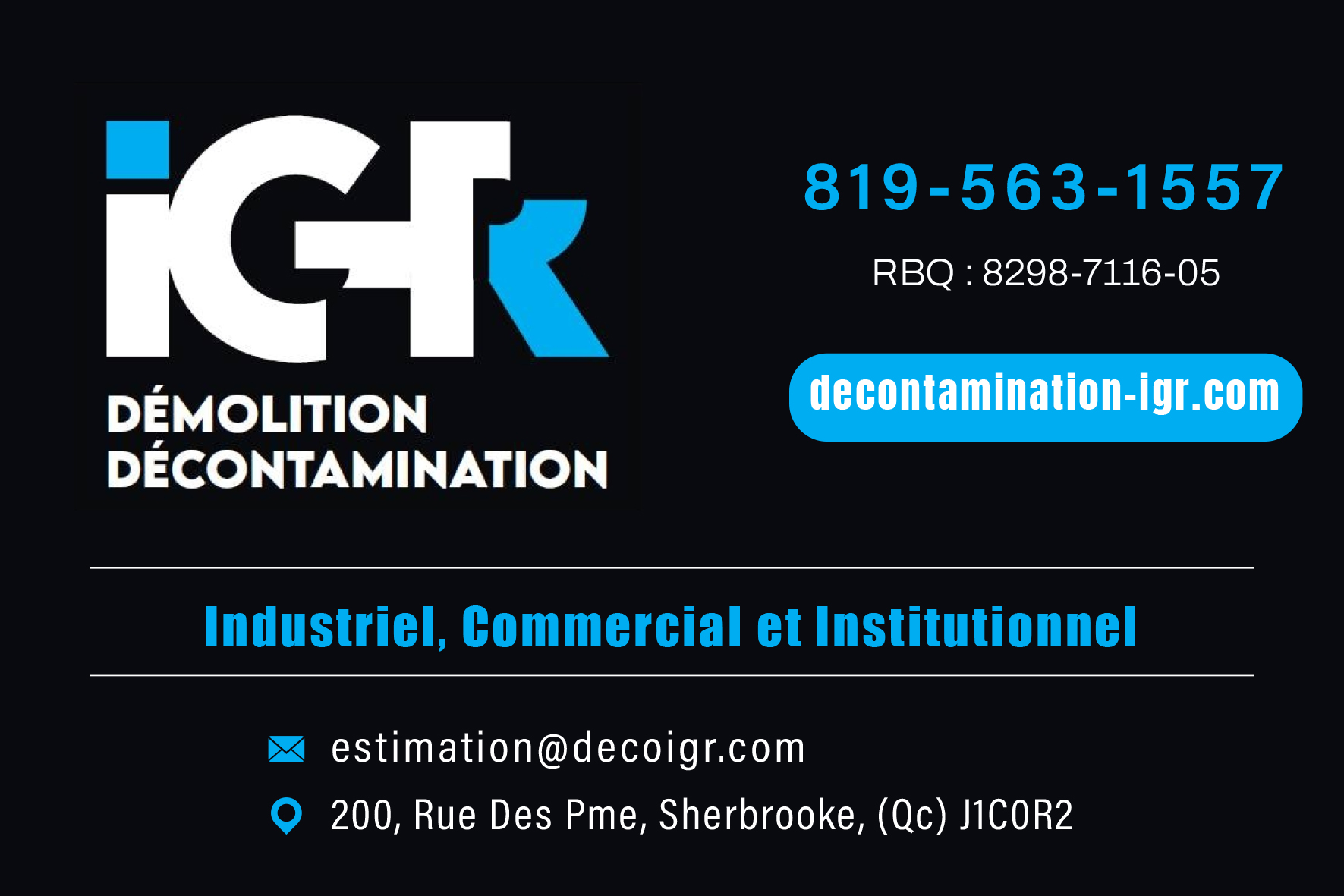 Carte de visite recto de DÉCONTAMINATION IGR INC
