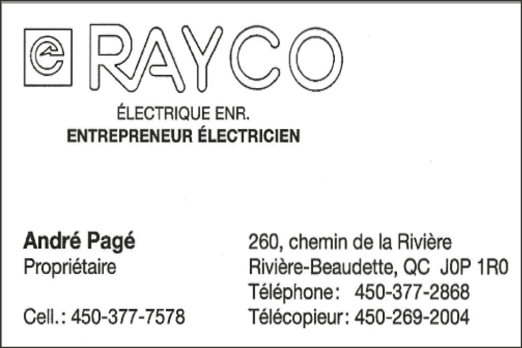 Carte de visite recto de DIV.RAYCO ÉLECTRIQUE ENR