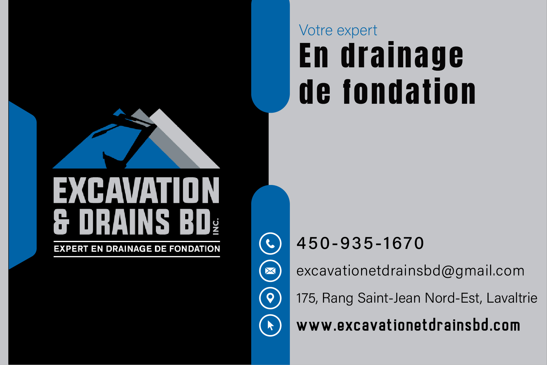 Carte de visite recto de EXCAVATION ET DRAINS B.D. INC