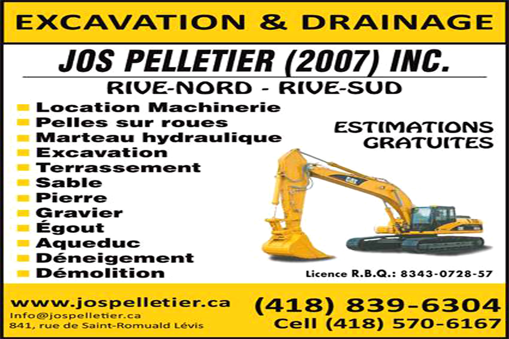Carte de visite recto de EXCAVATION JOS PELLETIER (2007) INC