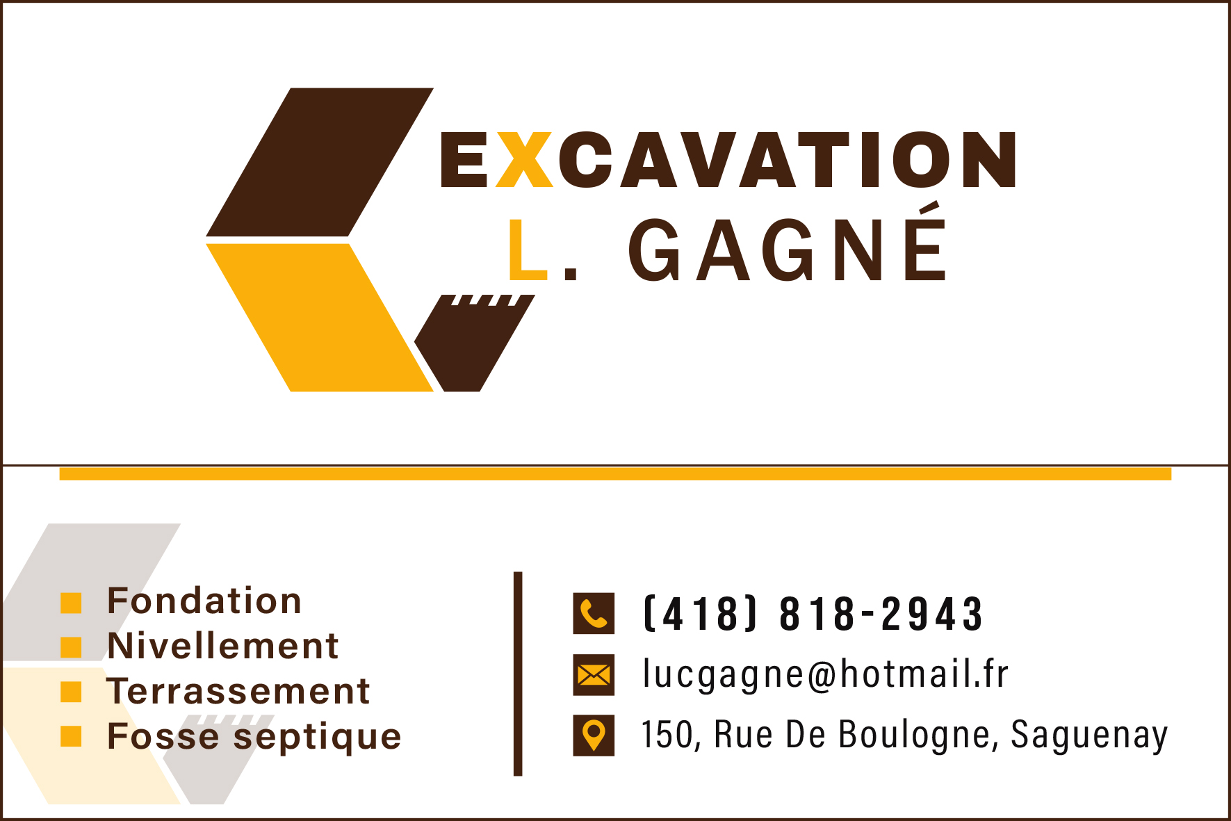 Carte de visite recto de EXCAVATION L. GAGNÉ INC