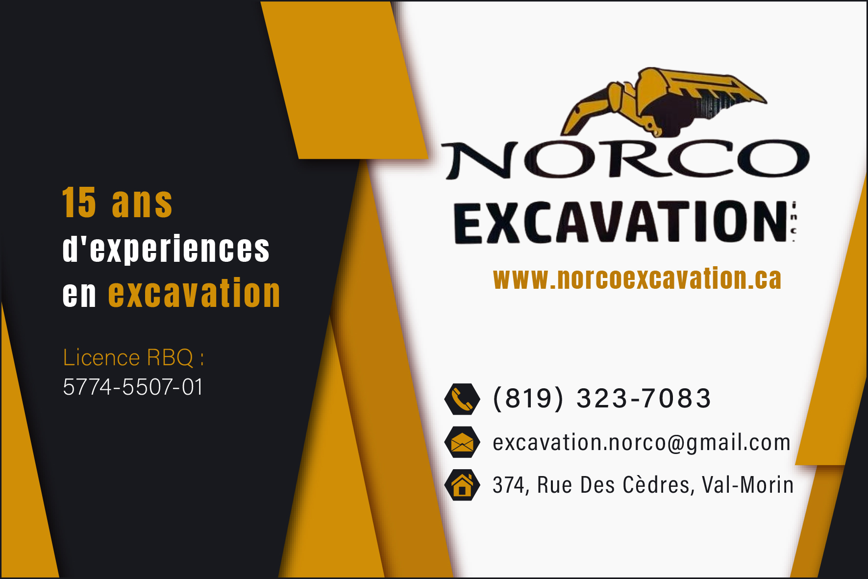 Carte de visite recto de EXCAVATION NORCO INC