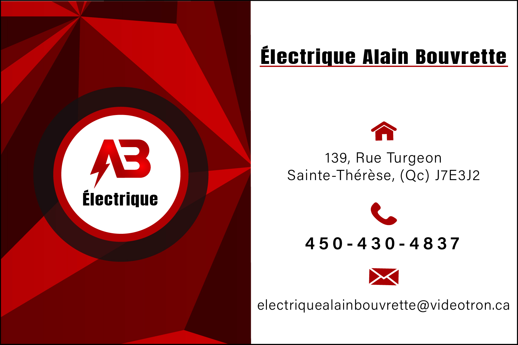 Carte de visite recto de ÉLECTRIQUE ALAIN BOUVRETTE INC