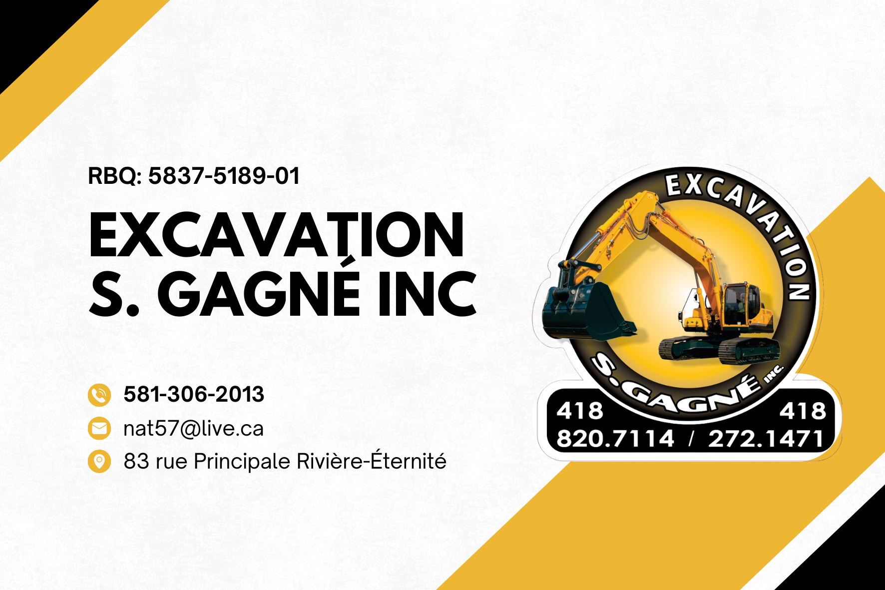 Carte de visite recto de EXCAVATION S. GAGNÉ INC