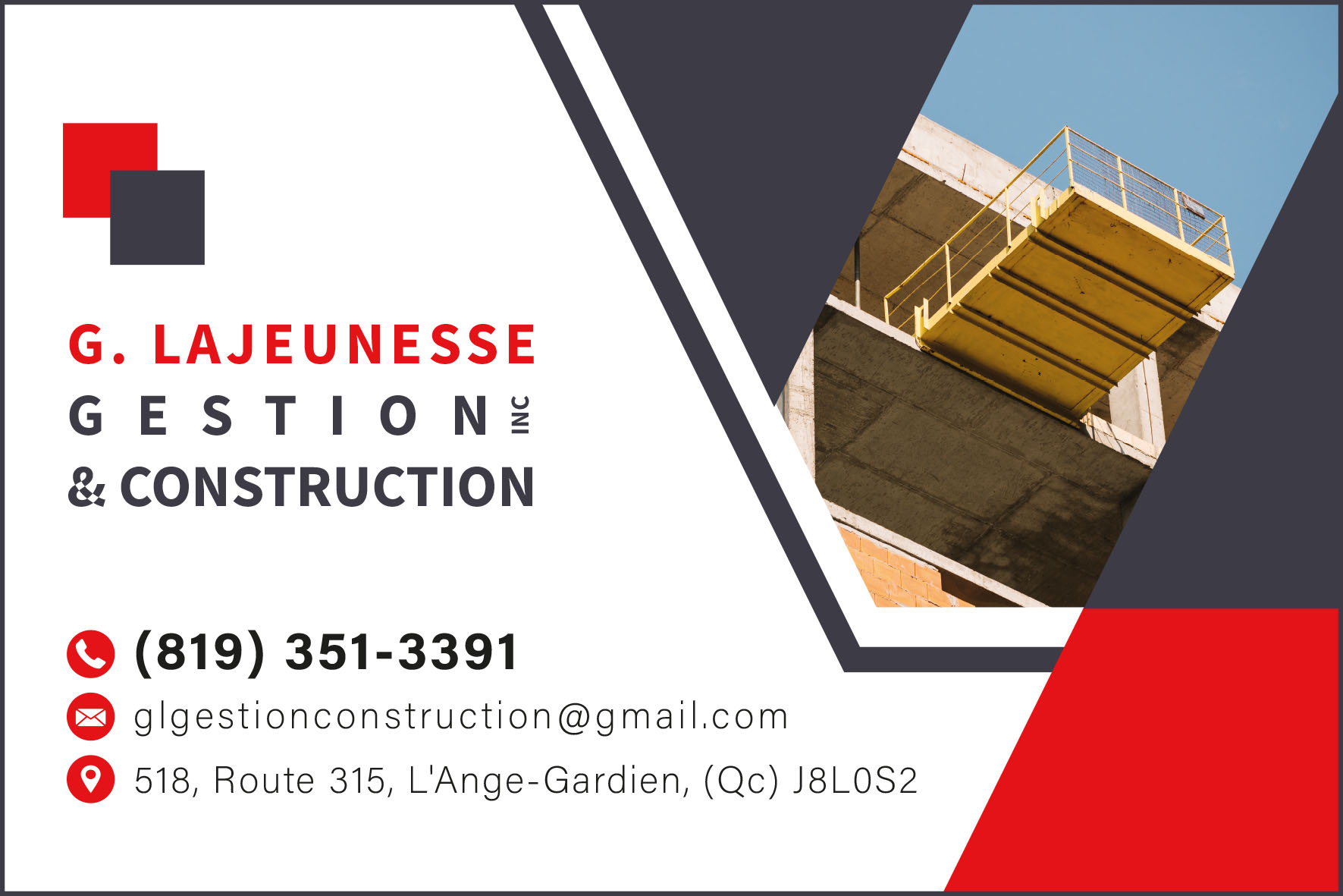 Carte de visite recto de G. LAJEUNESSE GESTION ET CONSTRUCTION INC
