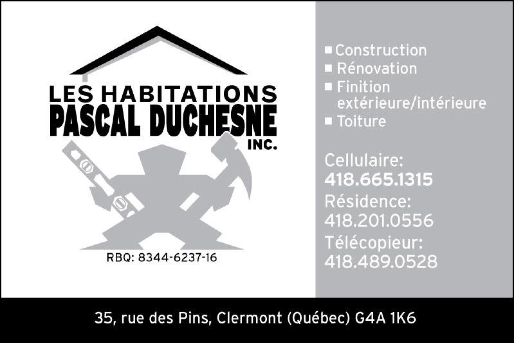 Carte de visite recto de HABITATIONS PASCAL DUCHESNE INC