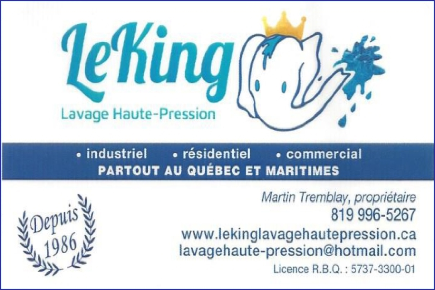 Carte de visite recto de LE KING LAVAGE HAUTE-PRESSION 9155-9161 QUÉBEC INC