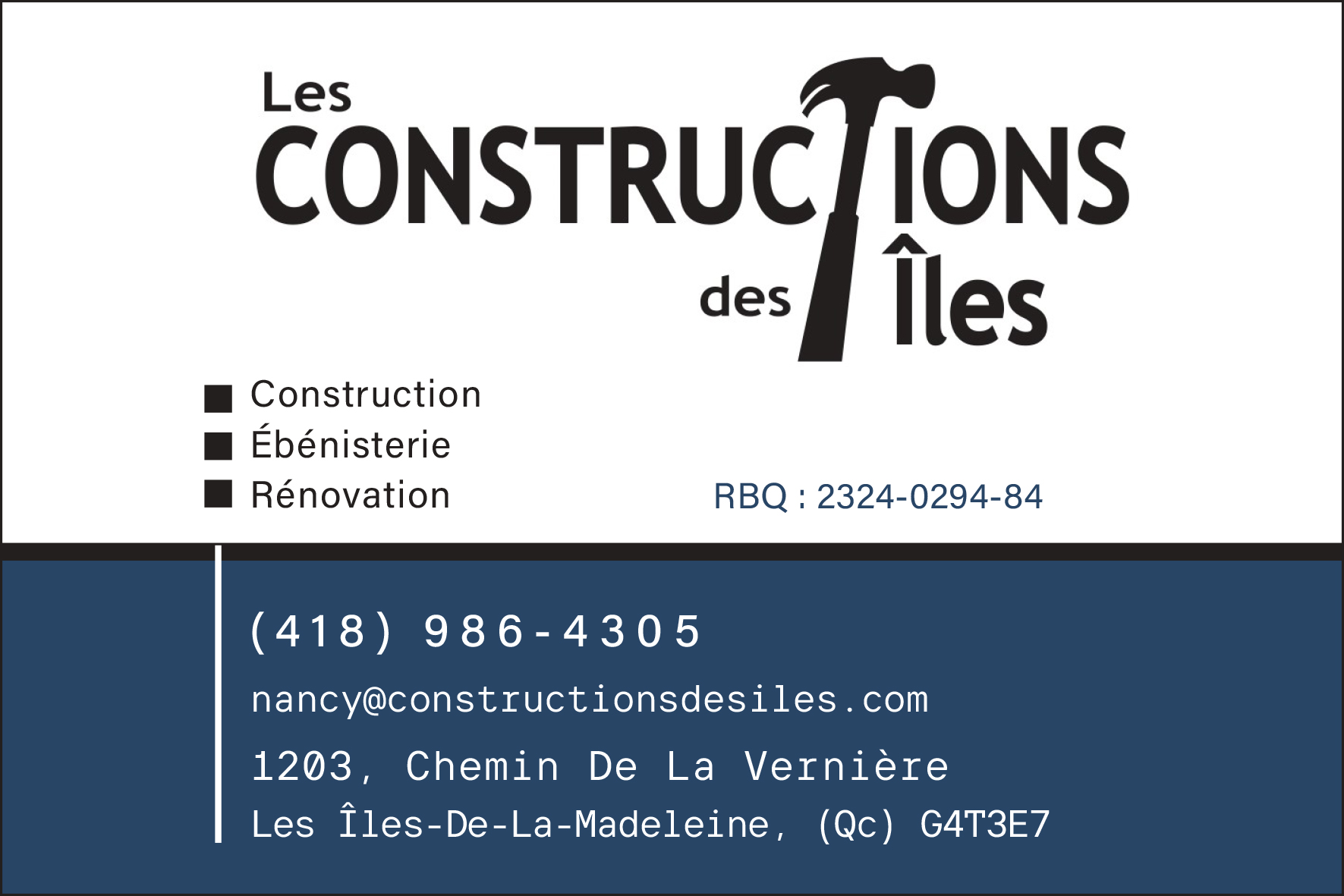 Carte de visite recto de LES CONSTRUCTIONS DES ÎLES INC