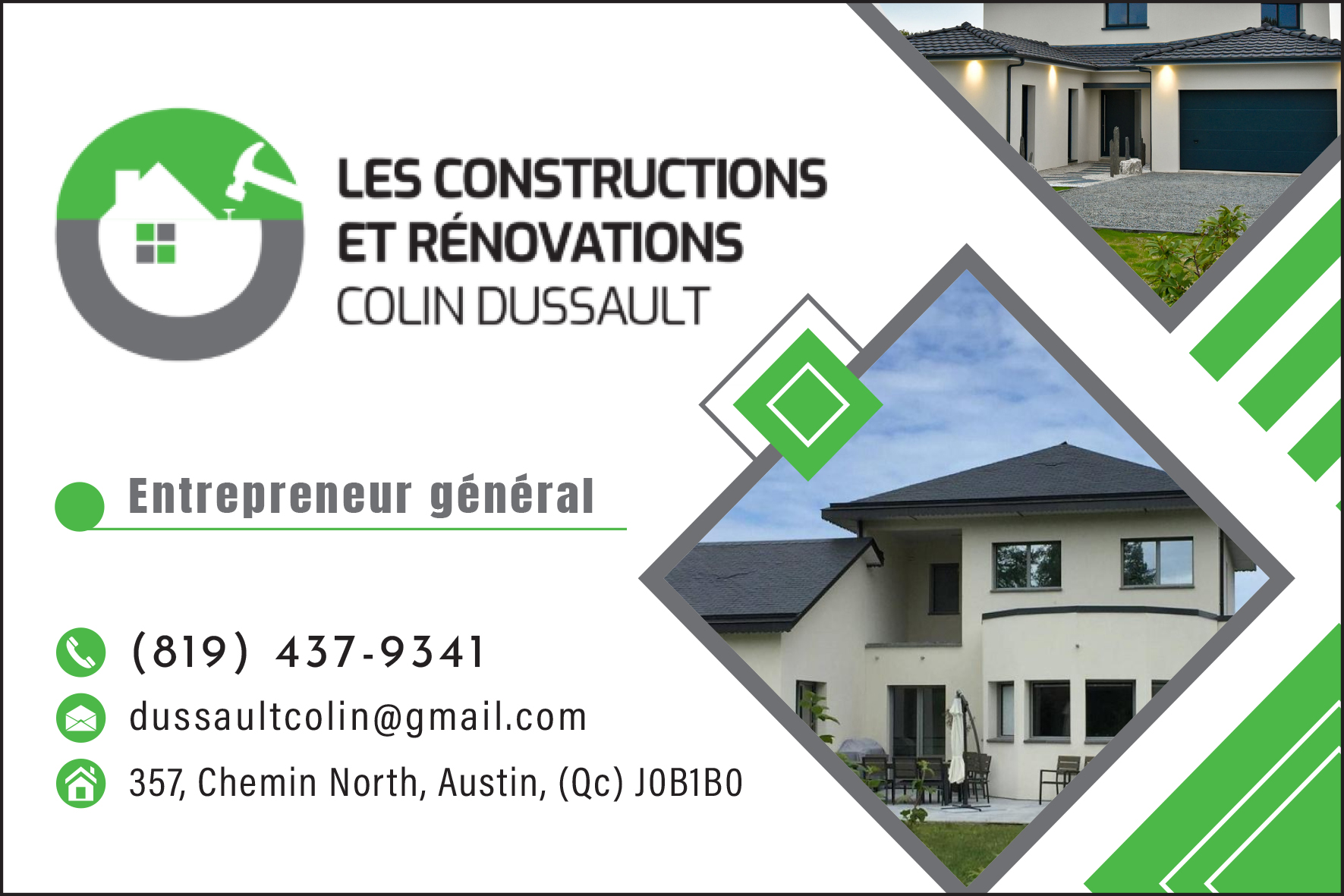 Carte de visite recto de LES CONSTRUCTIONS ET RÉNOVATIONS COLIN DUSSAULT INC