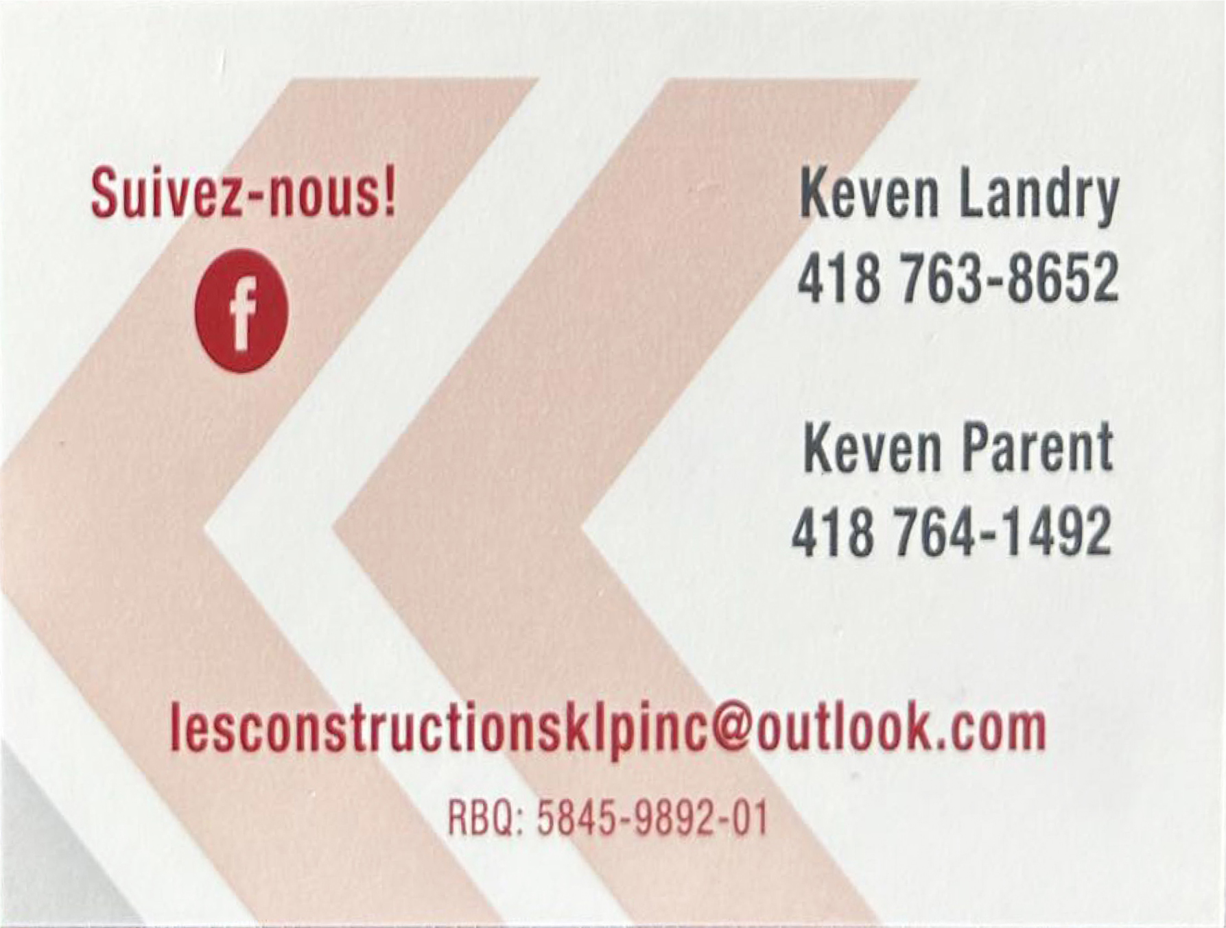 Carte de visite recto de LES CONSTRUCTIONS KLP INC
