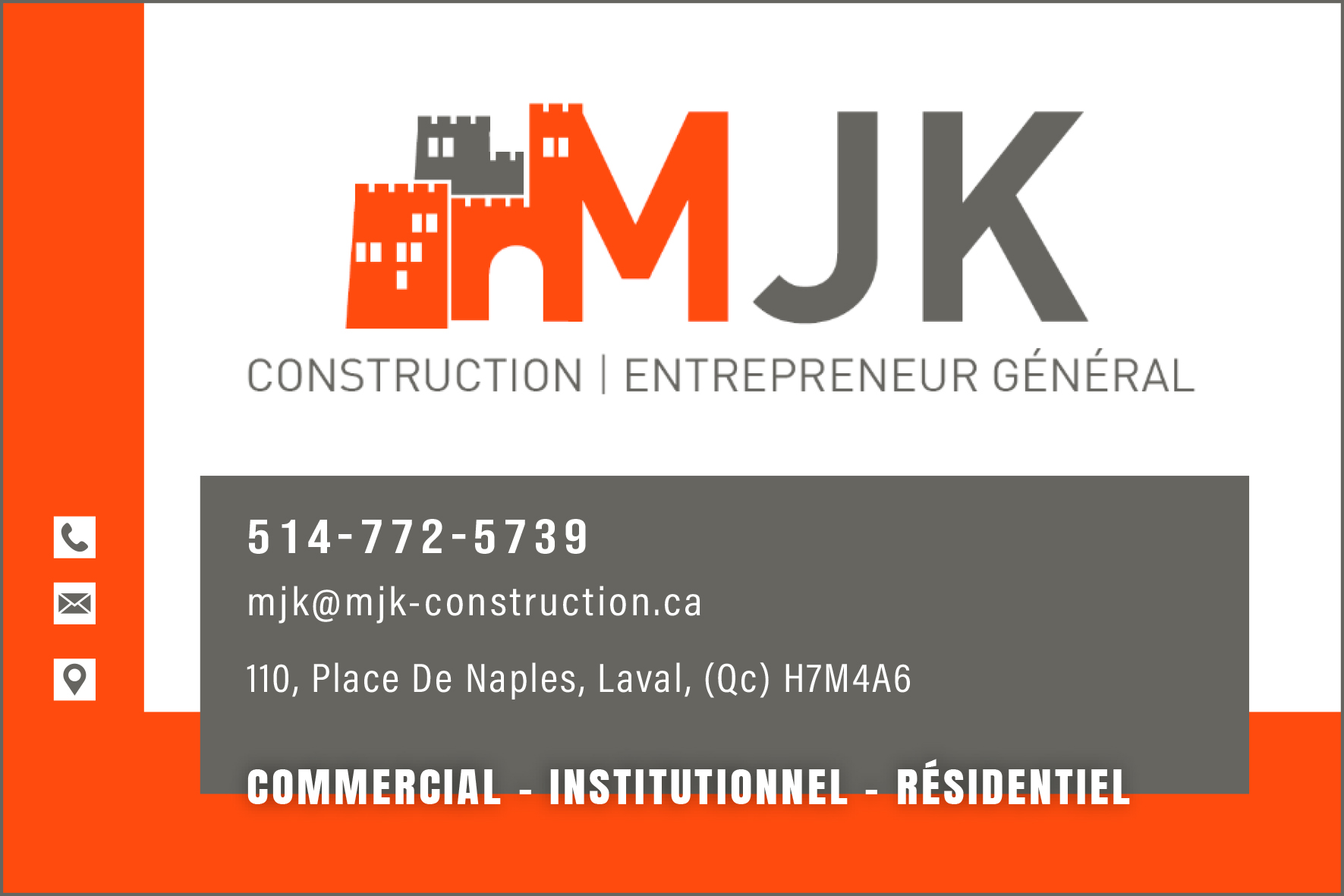 Carte de visite recto de LES CONSTRUCTIONS MJK INC