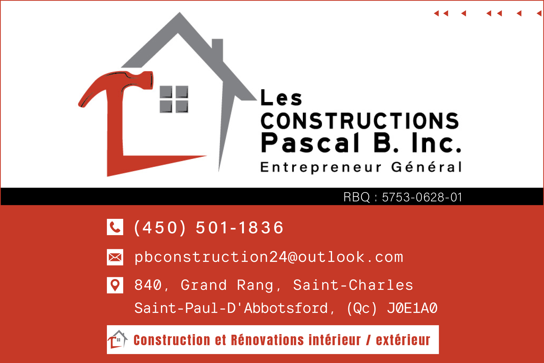Carte de visite recto de LES CONSTRUCTIONS PASCAL B. INC